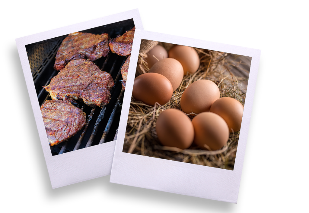 steak and eggs on Polaroid pictures